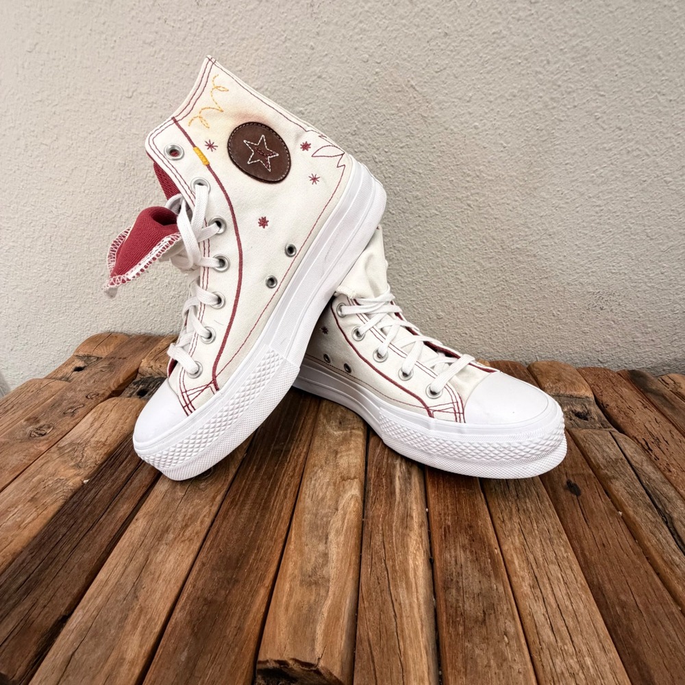 Converse Chuck Taylor All Star Lift Platform 7 White Western Embroidered Shoes